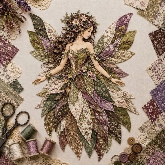 CHJK Wegodal Fairy Patchwork DIY, Fun Flower Fairies Patchwork Sewing Kit, Patchwork Set with Fabric Winged Elf Doll DIY Project for Beginners, Handmade Decor Gift, Green
