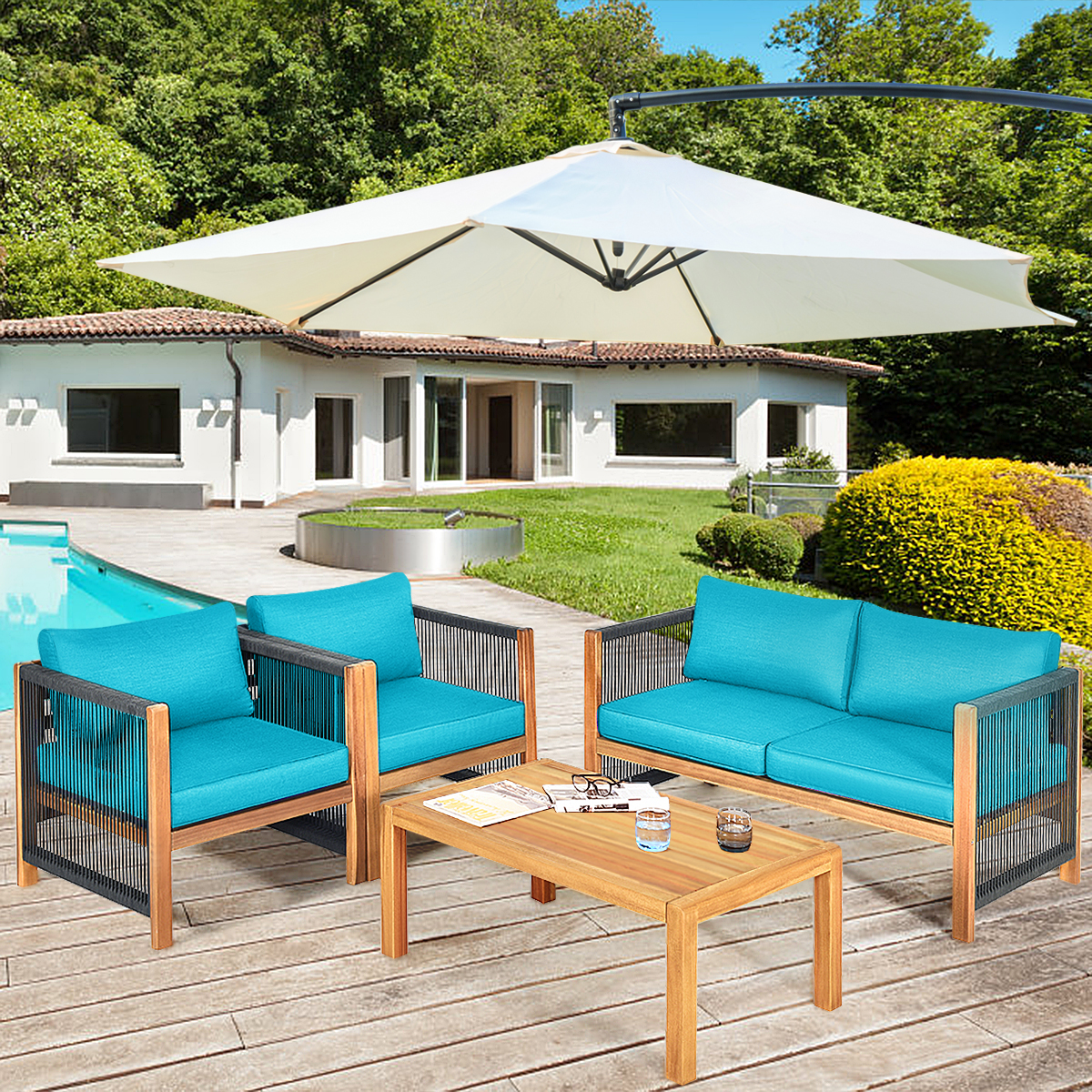 Patiojoy 8-Piece Outdoor Patio Wood Conversation Furniture Set Padded Chair with Coffee Table Turquoise - image 2 of 5
