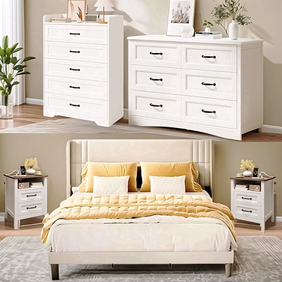 Bedroom Furniture Set – Queen Bed Frame, 2 Nightstands with Charging Stations, 5-Drawer Dresser & 6-Drawer Dresser for Large Bedrooms