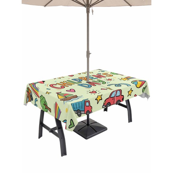 Outdoor Tablecloth with Umbrella Hole for Patio/Picnic/Party/Camping, Sage Green Children's Day Waterproof Table Cloth Rectangle Table Cover Washable, Car Tree Stars Modern Abstract Art (54"x 80")