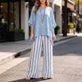 thumbnail image 2 of Costeam Womens Vertical Stripe Wide Leg Pant Two Piece Outfit Oversized Asymmetric Hem Short Sleeve Crew Neck Top with Side Pocket Loose Fit Casual Co Ord Set, 2 of 6