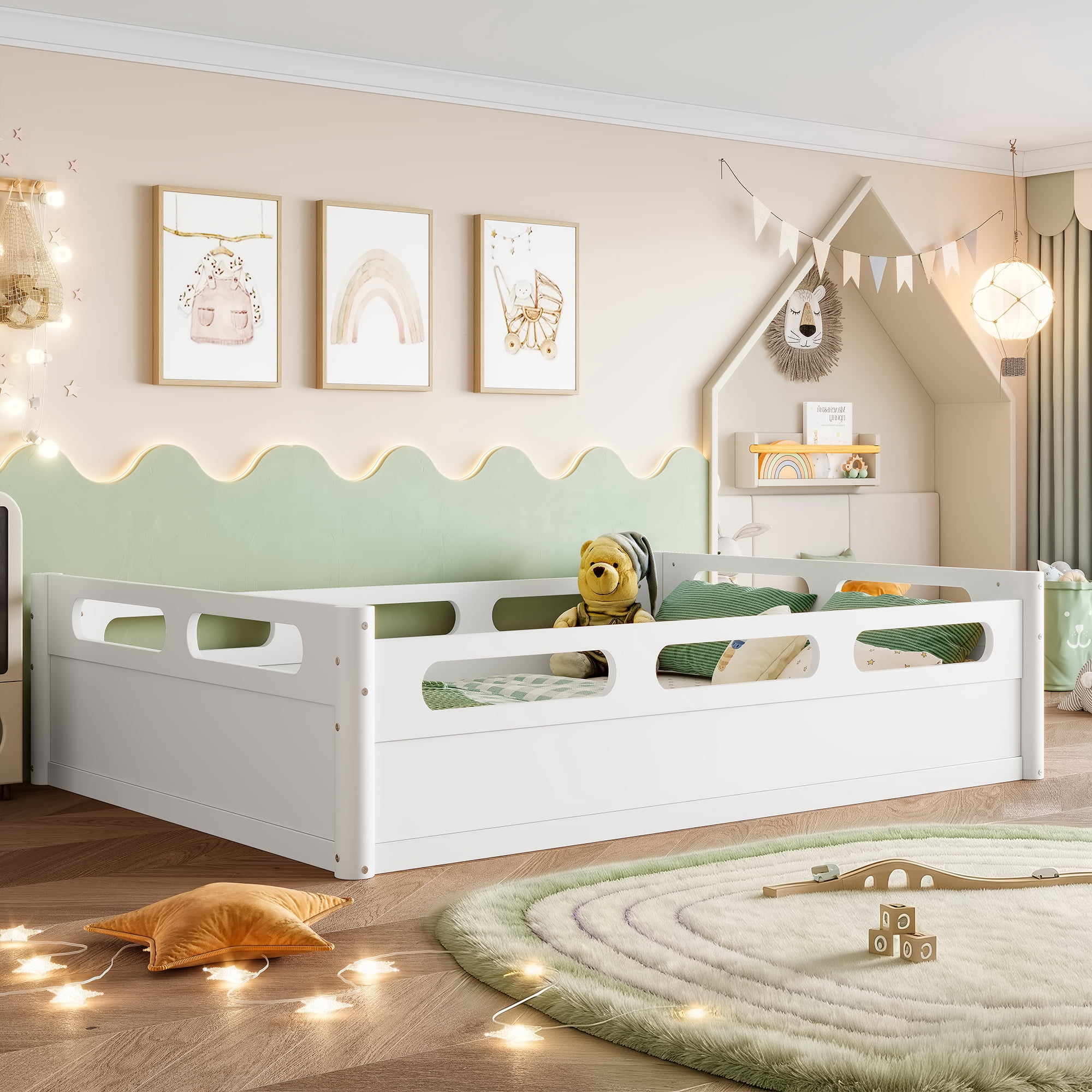 Leumius Full Size Floor Bed with Full-length Guardrails,Low Profile Montessori Bed Frame,Easy Assembly, No Box Spring Needed,White