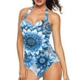 thumbnail image 6 of FKELYI Blue Bohemian Floral Print One Piece Swimsuit for Women V Neck Swimwear with Soft Pads Tummy Control Bathing Suit Summer Beachwear for Lady Swimming Surfing, XL, 6 of 7