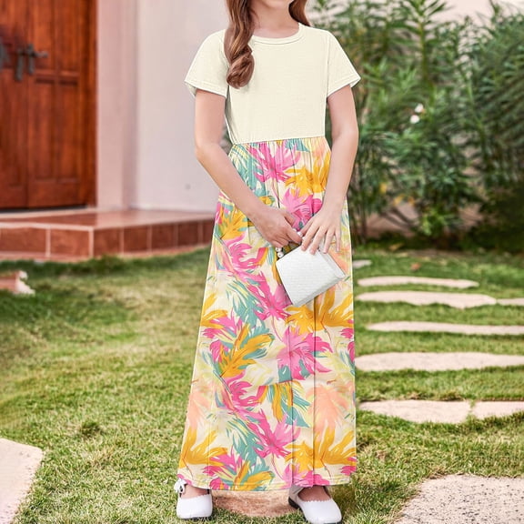 Isvgxsz New Summer Dresses for Girls Fashion Print A-Line Long Dress Short Sleeve Crew Neck with Pocket Soft Comfort Flower Girl Dresses 9-10 Years（150） Beige