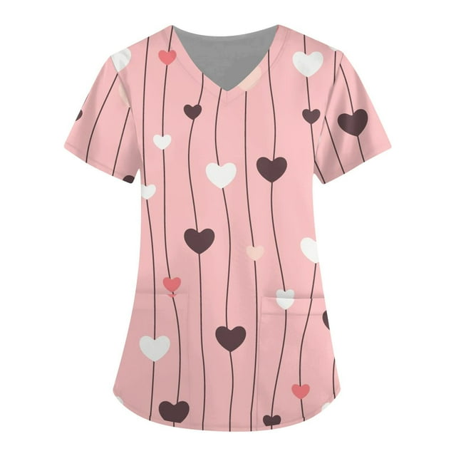 TIMIFIS Hauts de Sarrau pour Femmes de la Saint-Valentin à Manches Courtes, Col en V, Uniforme de Travail, Blouse Imprimée avec Poche, Hauts avec Poches - Printemps