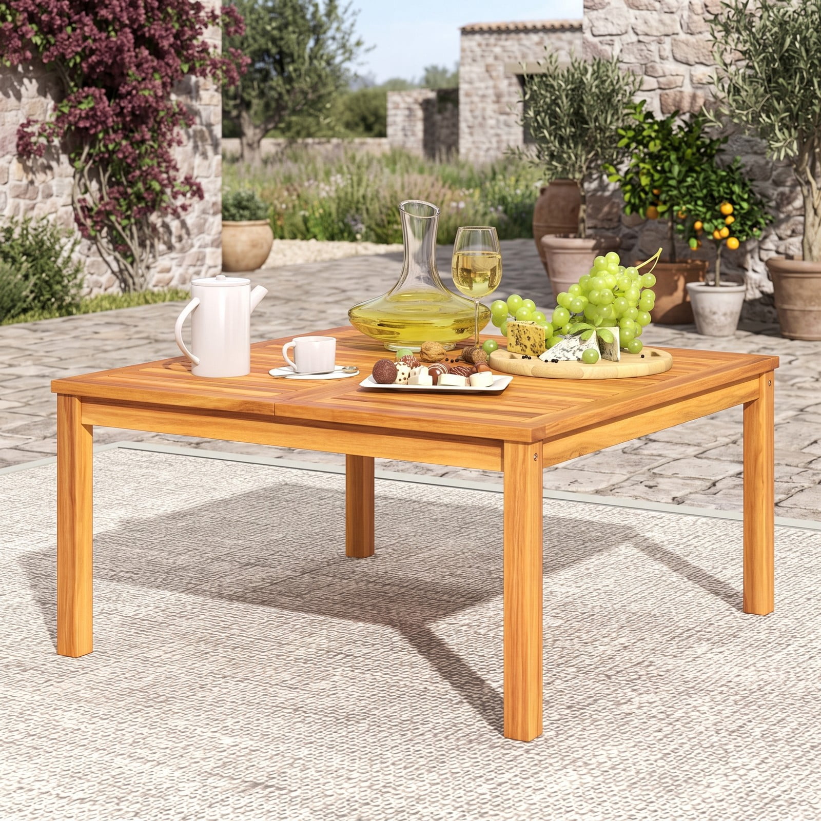Furnibear 35.5 Inch Square Acacia Wood Patio Coffee Table with Slatted Draining Top for Backyard Poolside and Balcony, Natural