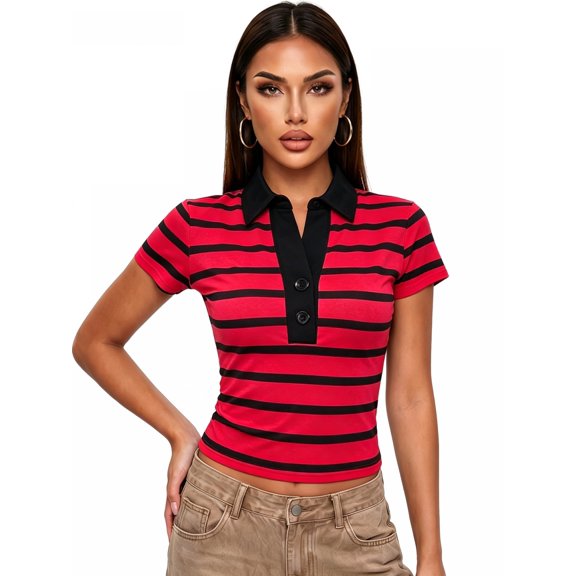 LMLYSoH Women Summer T-Shirt Casual Striped Button Lapel Basic Short Sleeves Tops for Streetwear Grunge Clothes