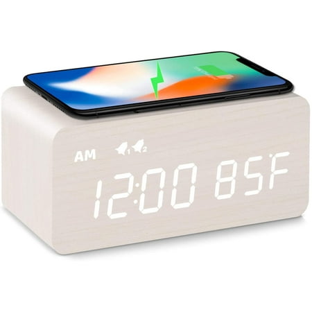 Digital Wooden Alarm Clock with Wireless Charging, 0-100% Dimmer, Dual Alarm, Weekday/Weekend Mode, Snooze, Wood LED Clocks for Bedroom, Bedside, Desk, Kids (White)