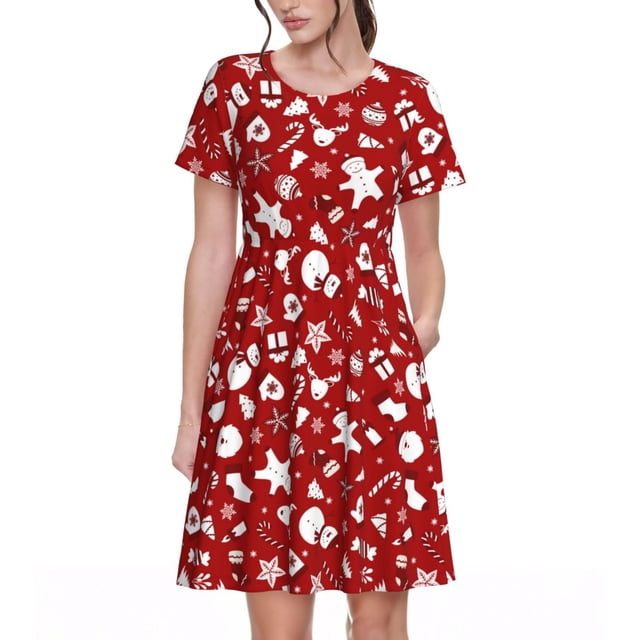 Balery Red Christmas Cheer. Vestidos sueltos de manga corta para mujer, vestidos de verano 2025, vestidos casuales de corte A con vuelo.