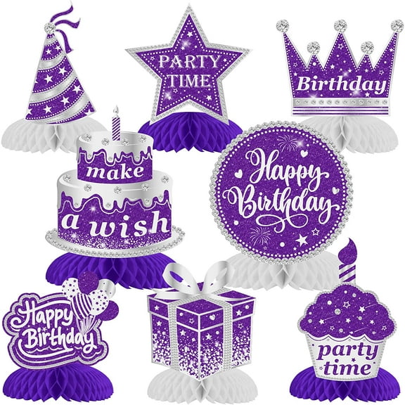 8 Pieces Purple Silver Happy Birthday Decorations Honeycomb Centerpieces, Happy Birthday Centerpieces Table Toppers for Girls Women