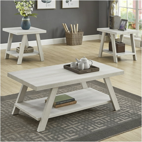 JERFIT Modern White Coffee Table Set with 2 End Tables, MDF Wood Shelf Console Table for Living Room