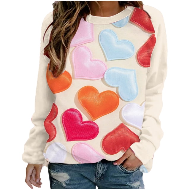 VALMASS Chandails en Molleton Col Rond pour Femmes Saint-Valentin Imprimé Floral Manches Longues Mode Décontractée Blouses Sans Capuche (TG, Beige-C)