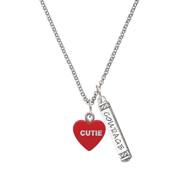 Delight Jewelry Acrylic Red "Too Cute / Cutie" Heart Silvertone Courage Strength Wisdom Honesty Bar Charm Necklace, 23"