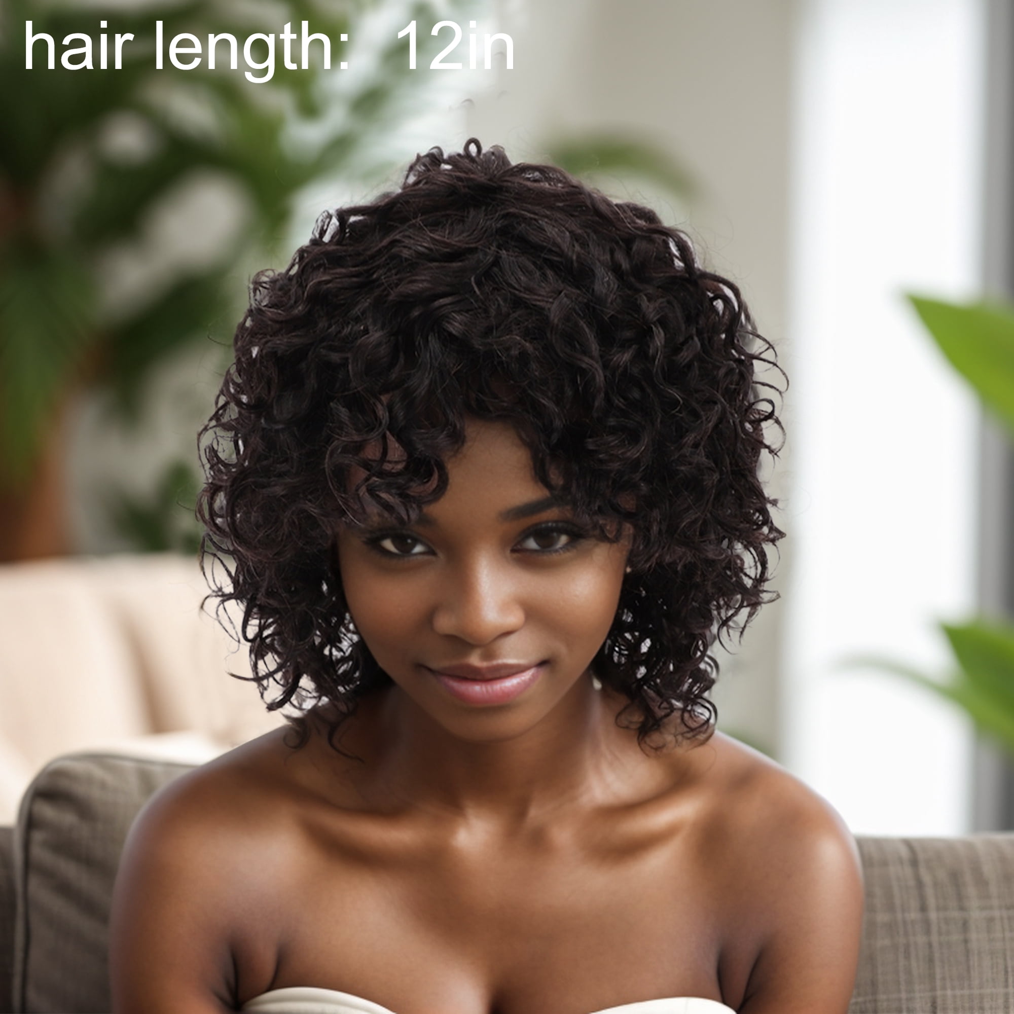 Unique Bargains 1 Pc Bangs Curly Hair Hair Wig Real Human Hair 12in 150 Human Wig Black for Women