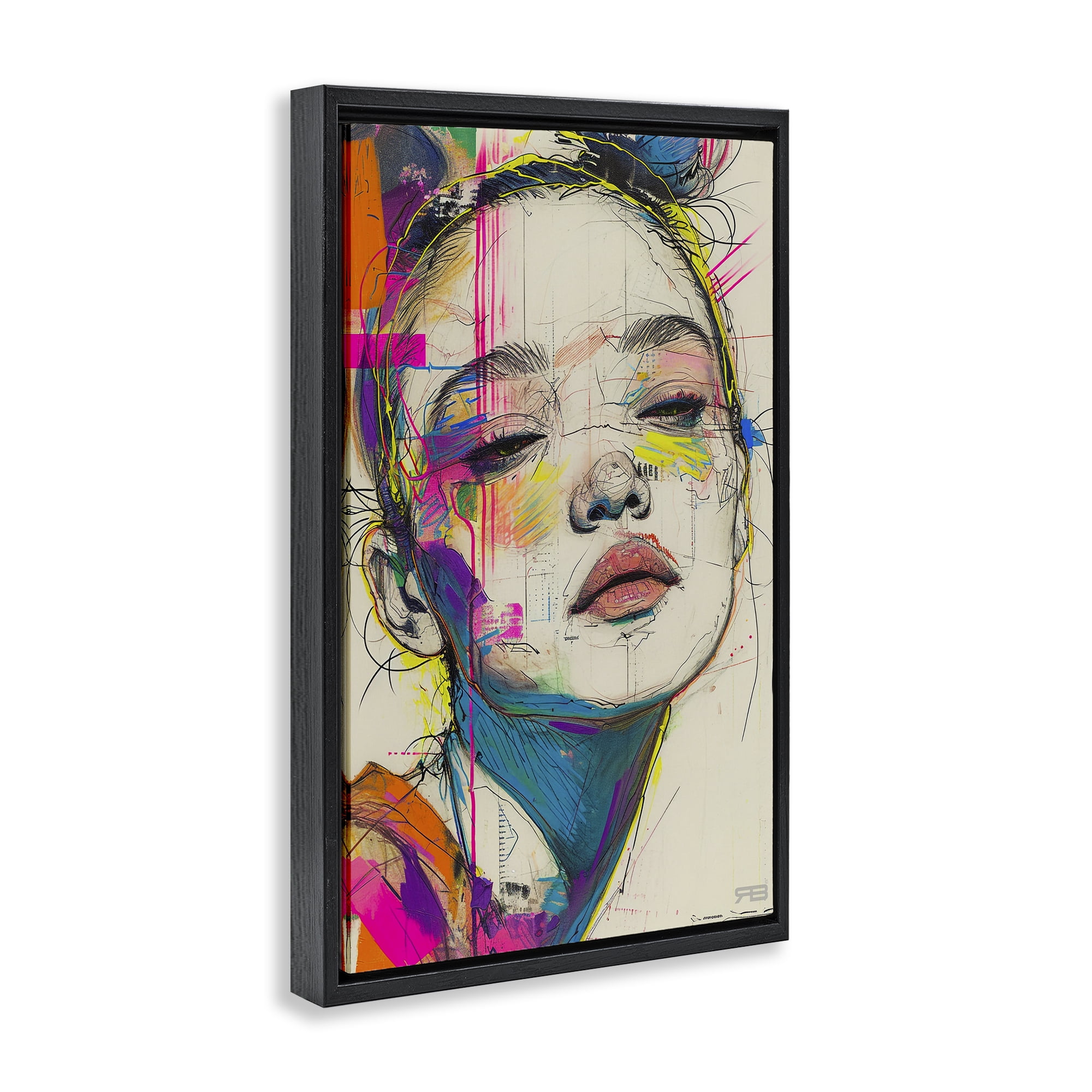 Stupell Industries Bright Sketch Visage Novelty Painting Black Floater Framed Art Print Wall Art, 21 x 31