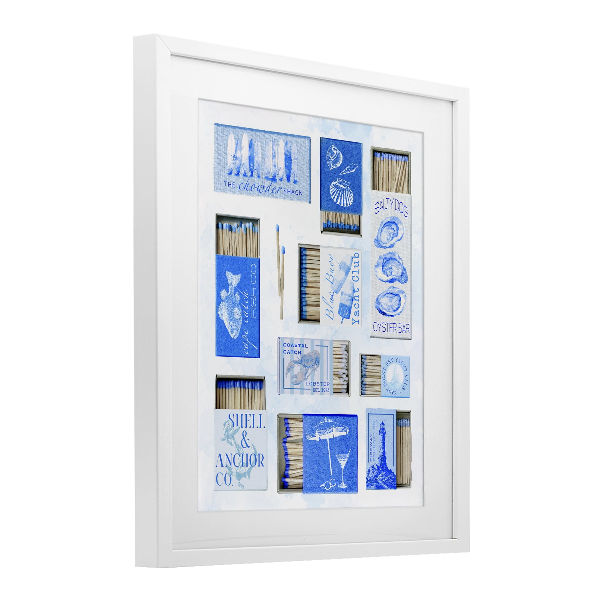 Blue Coastal Matchboxes White Framed Print Under Glass, design by Ziwei Li