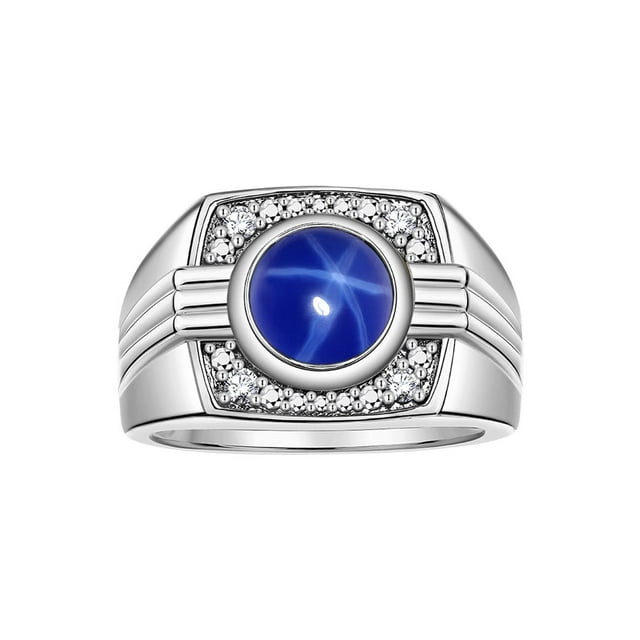 RYLOS Mens Rings 14K White Gold Designer Round Gemstone & Sparkling Diamond Ring Blue Star Sapphire September Birthstone Rings For Men Men's Rings, Gold Rings Size 8,9,10,11,12,13