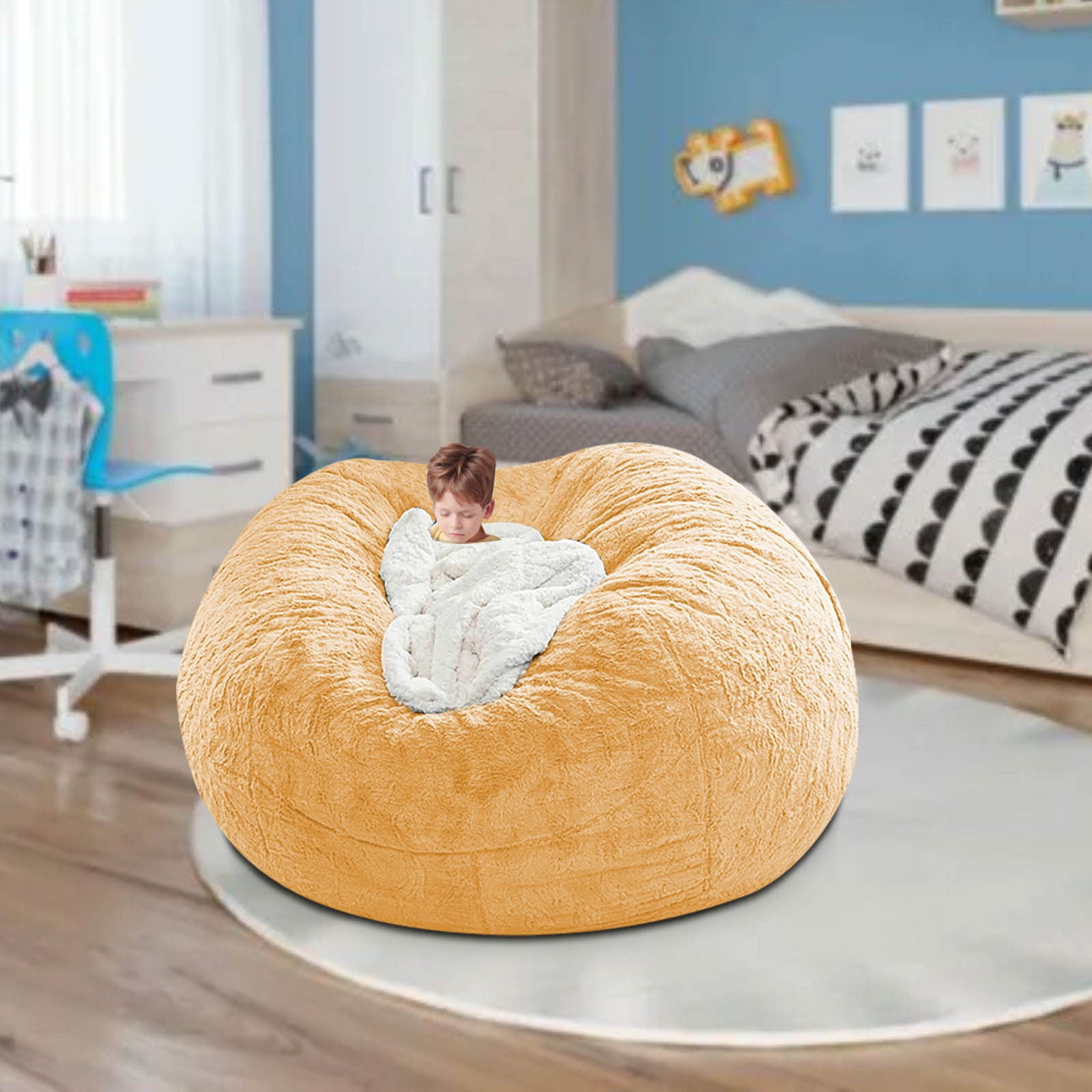 XEOVHV Giant Fur Bean Bag Chair Cover for Kids Adults, Living Room Furniture Big Round Soft Fluffy Faux Fur Beanbag Lazy Sofa Bed Cover(Cover only, No Filler, Yellow, 6FT)