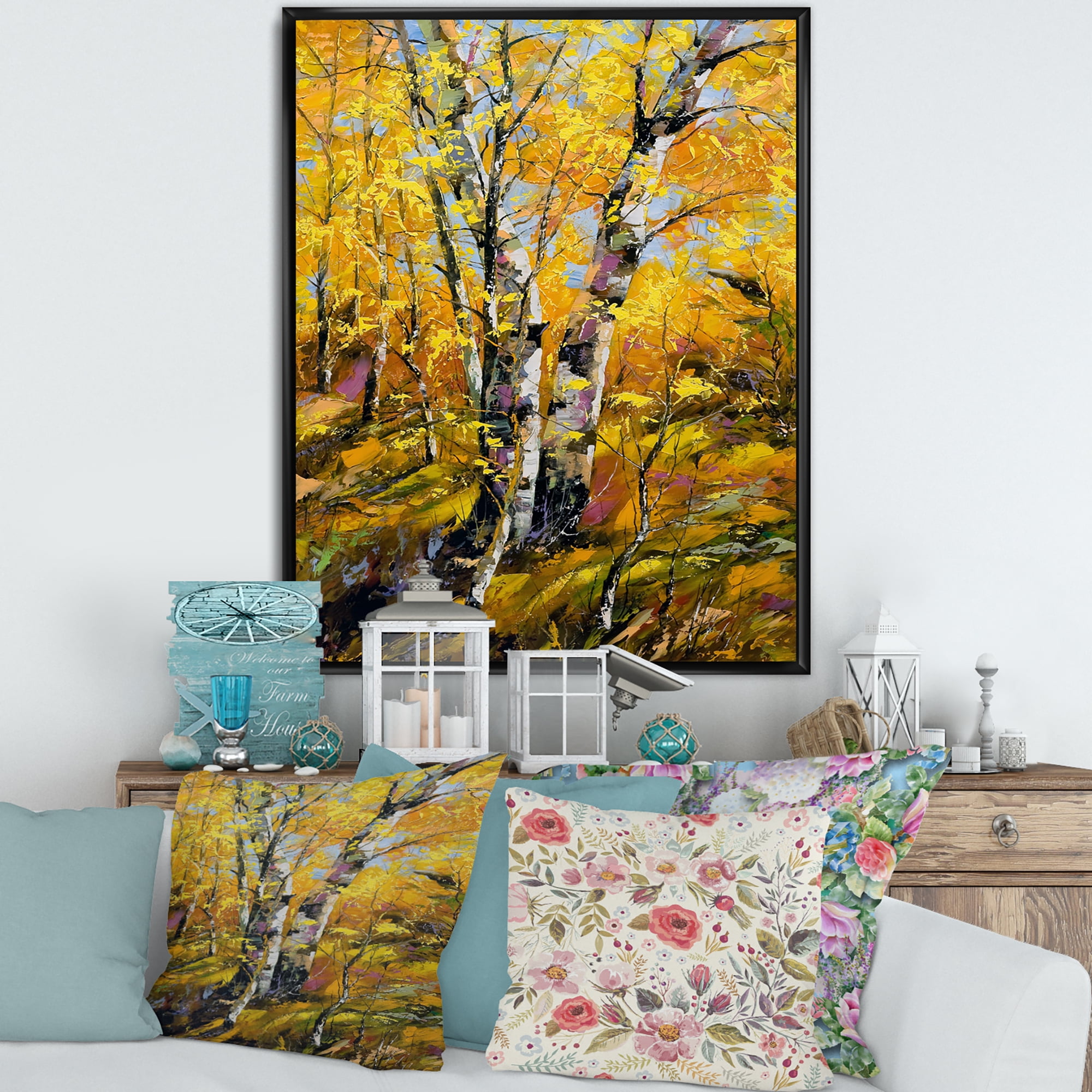 Birches In Yellow Autumn Wood Forest 30 in x 40 in Framed Painting Canvas Art Print, by Designart