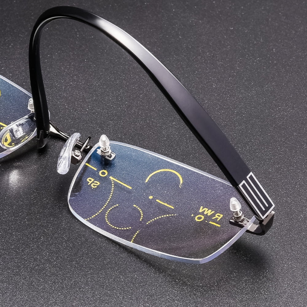 Mens Rimless Progressive Reading Glasses 2.75 Multifocus Blue Light Blocking Business Gunmetal Rectangular Readers +2.75 Strength