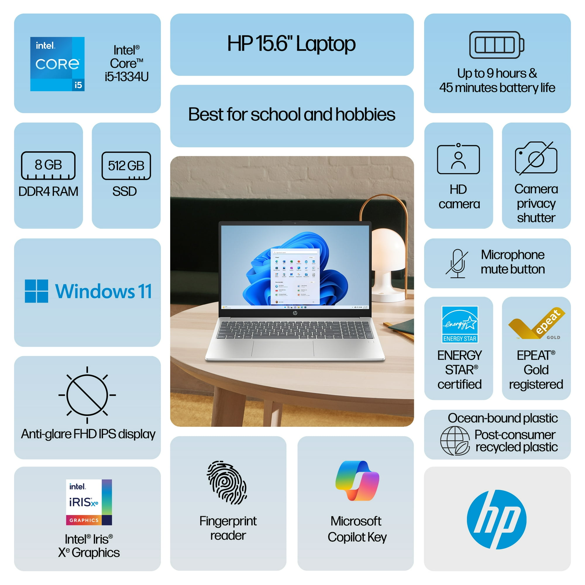 HP 15.6 inch Windows 11 Laptop Intel Core i5-1334U 8GB RAM 512GB SSD Natural Silver