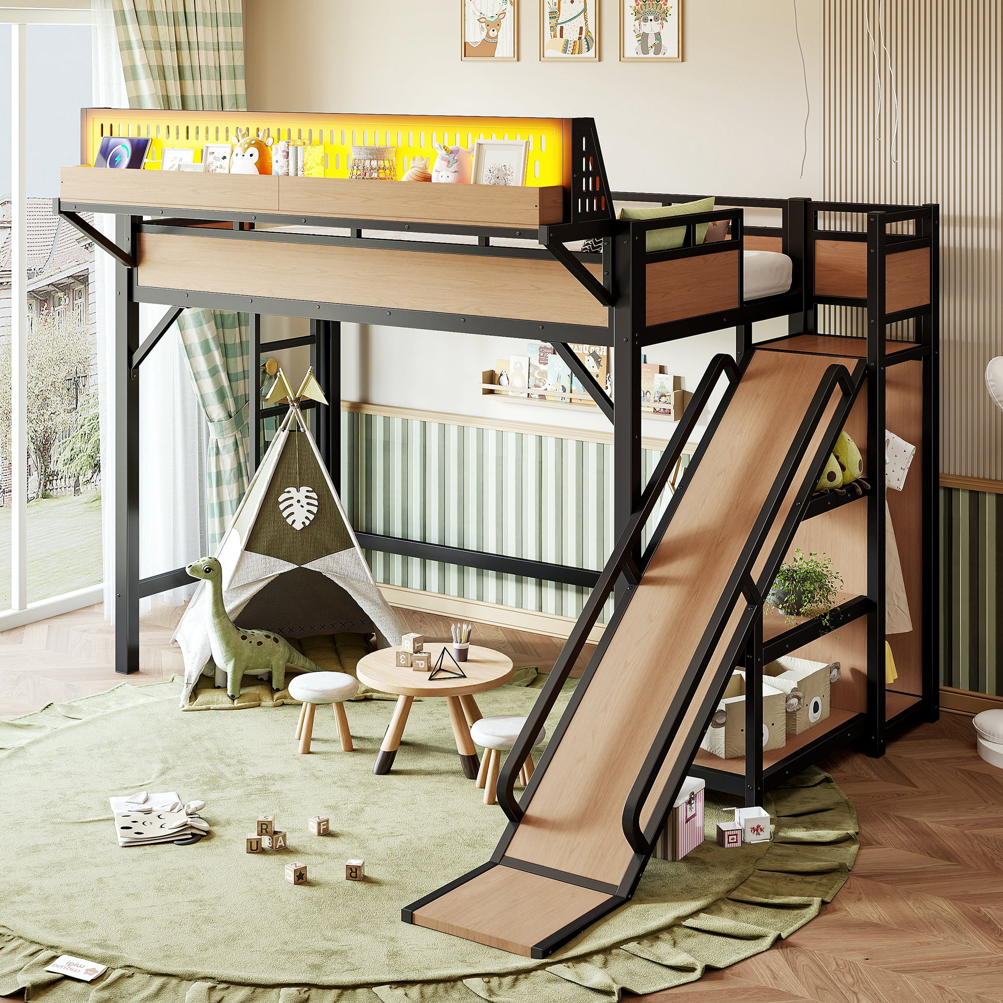 Leumius Twin XL Size Loft Bed with Slide,Storage Shelves and Built-in Wardrobe,Metal Loft Bed Frame with USB Ports and LED Lights,Pegboard,Safety and Solid,