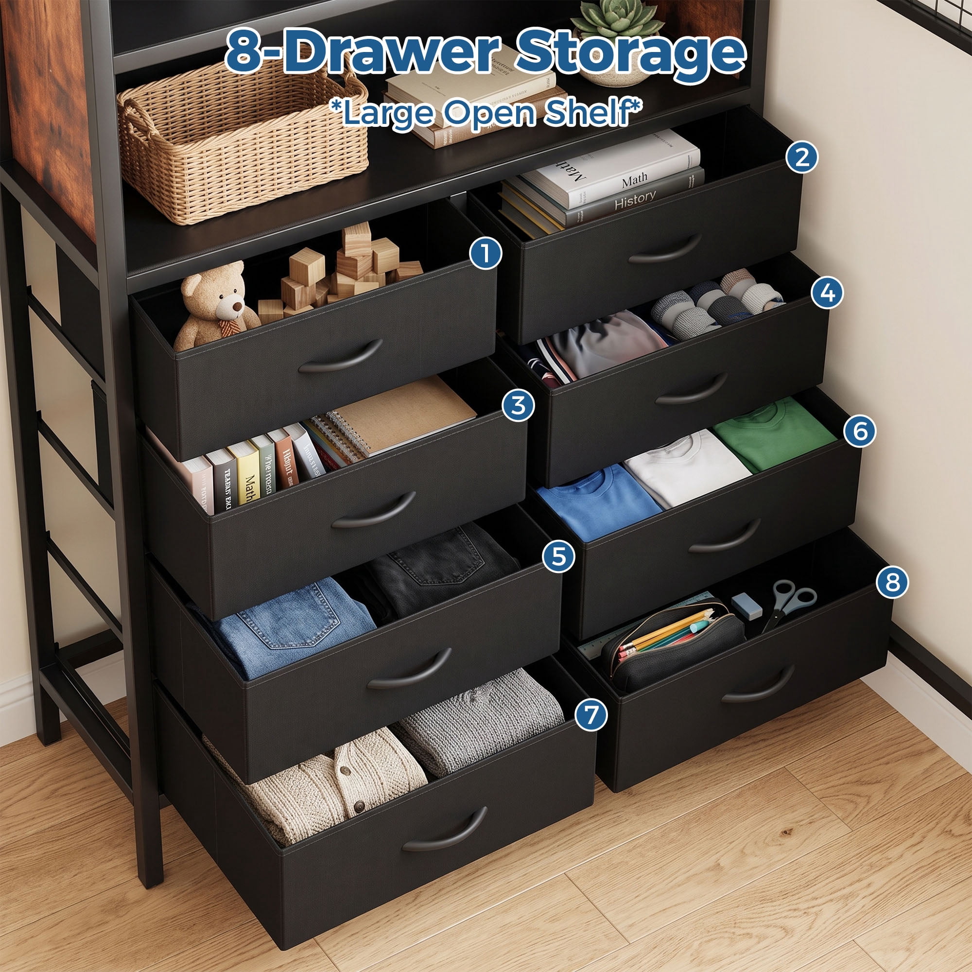 Miniyam Twin Metal Loft Bed with Desk and 8 Storage Drawers and LED Light, Black
