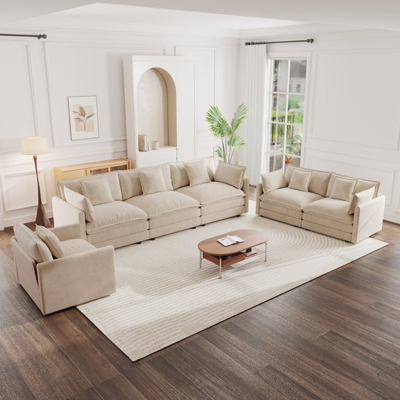 FFZ 3-Piece Extra Deep Seat Sectional Sofa with Chenille Fabric, Light Coffee