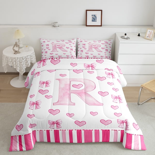 Erosebridal Princess Bow Comforter Sets Queen Size, Initial R Letter Comforters & Duvets, Pink Heart Decor, Lightweight 3 Pieces
