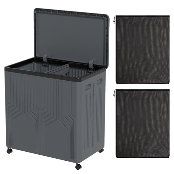 Callyne 120 L Large Laundry Hamper with Lid and Wheels, 2 Section Plastic Laundry Basket with Wheels, Foldable Rolling Clothes Basket for Bathroom Bedroom, Gray