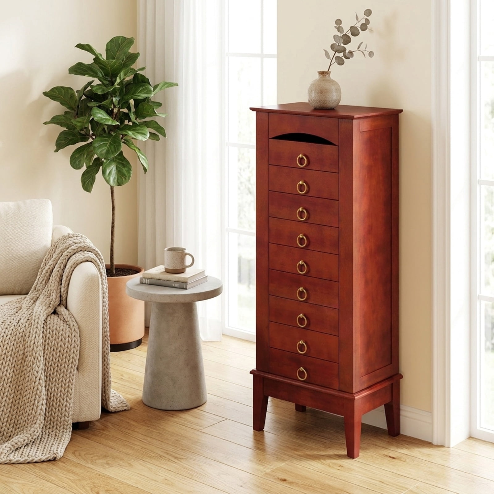 Furnibear Large Capacity Jewelry Storage Cabinet with 9 Drawers for Bedroom Dressing Room Jewelry Necklace Rings Storage Mirror, Walnut