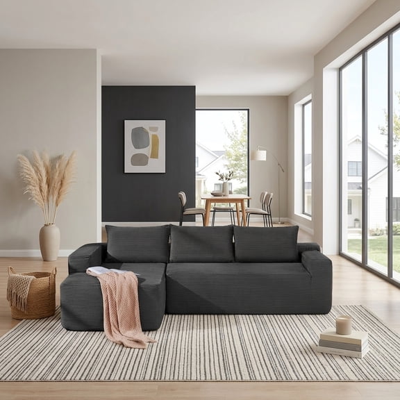 FFZ 97"L Compressible Cloud Sectional Sofa with L-Shape Chaise, Deep Seat, Corduroy, Grey