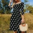 thumbnail image 4 of White Polka Dots Black Background Women's 3/4 Sleeve Dresses Elegant A-Line Midi Dress Flare Summer Casual Sundress, 4 of 9