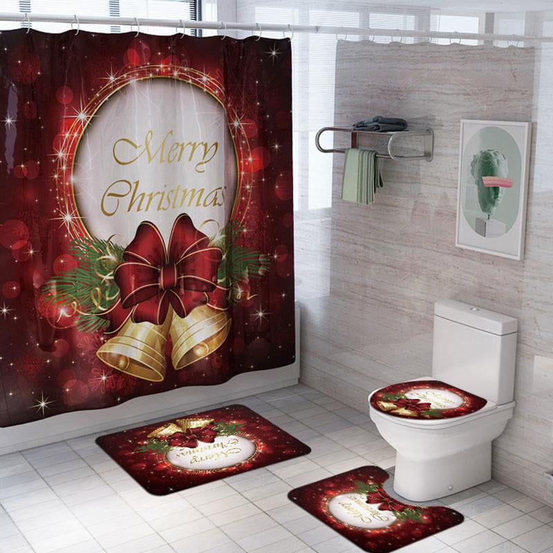 Merry Christmas Shower Curtain Bathroom Rugs Bath Mat Non-Slip Toilet Lid Cover 