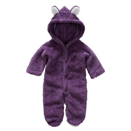 

Newborn Baby Solid Romper Unisex Infants Hooded Outfit Clothes Coral Fleece Jumpsuits S-XL
