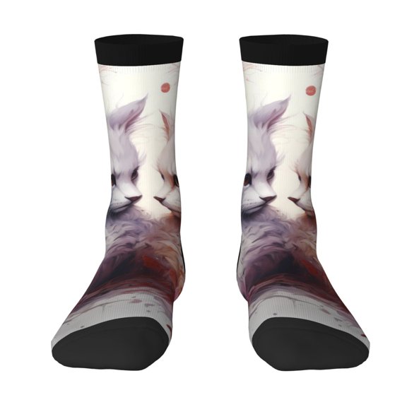 Uemuo White Red Cat Couple Pattern Women's Crew Socks, Soft Durable Breathable Moisture-Wicking with Odor Control Cotton socks