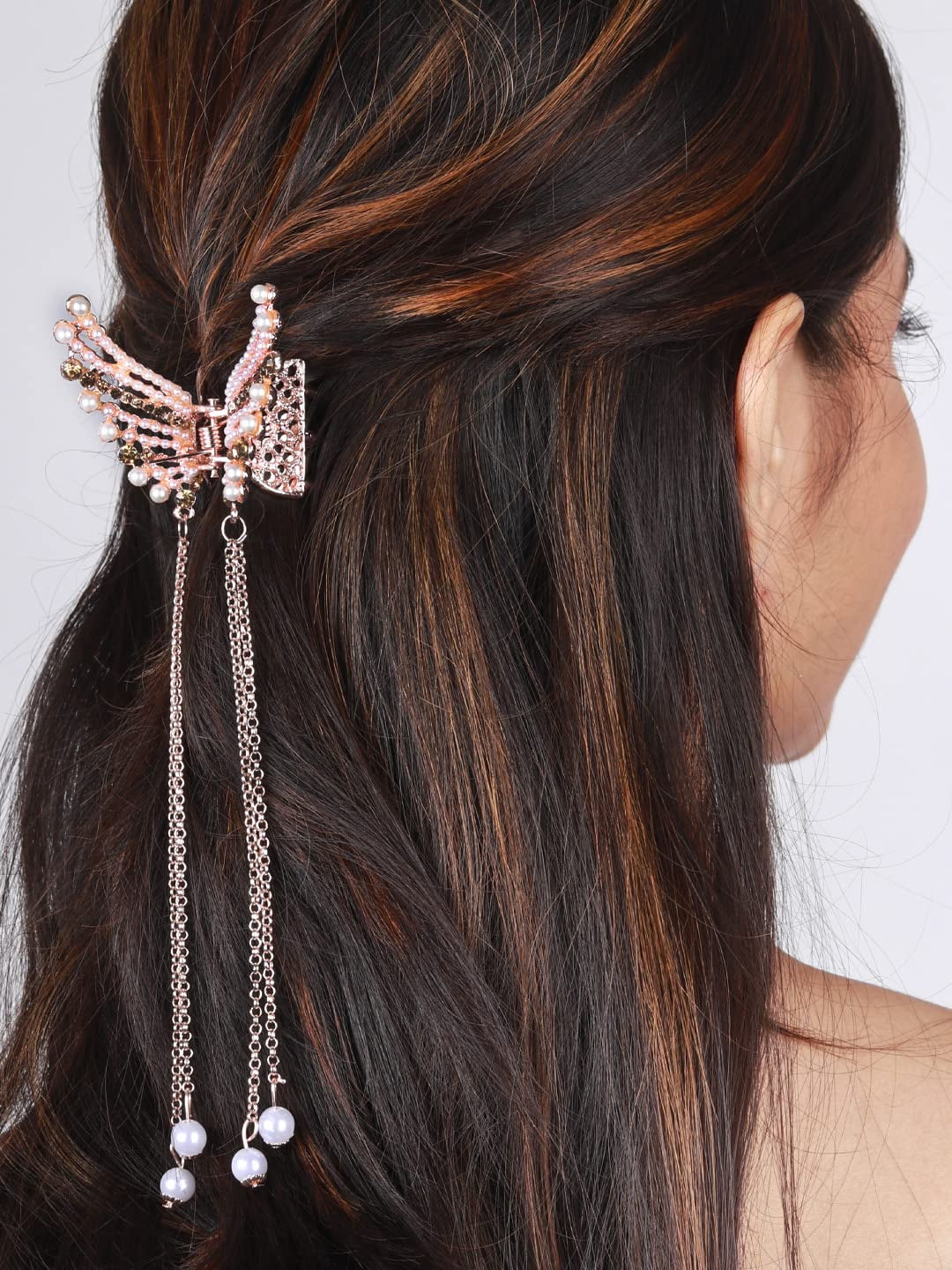 Radhna Elegant Tassel Butterfly Pearl Hair Clip Rose Gold Plated Flying Metal Hair Claw Clip Clamps Hair Styling Hair Clips For Women & Girls