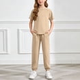 thumbnail image 2 of Nwiuh Girls Clothes Outfits Set Checkerboard 2PC Tracksuit Short Sleeve Raglan Tee and Joggers Pants (Khaki, 8-9 Years), 2 of 6