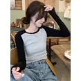 thumbnail image 4 of Camisetas de manga larga para mujer, clásicas, con paneles, combinables, ajustadas, suaves, nuevas, estilo coreano, para tiempo libre, cuello redondo, ropa de calle, populares, suaves, Ins, 4 of 6