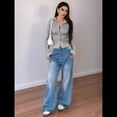 thumbnail image 4 of Camisa Corta A Rayas con Botones para Mujer, Blusa Ajustada de Larga, Camisa de Trabajo Gris S, 4 of 9