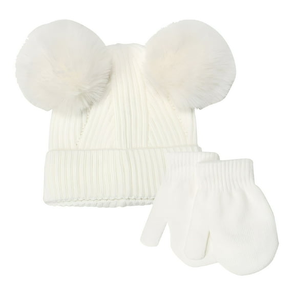 TELOLY Toddler Winter Hat Glove Set Kids Double Pompom Knitted Beanie Mittens for Girls Boys 2-6 Years