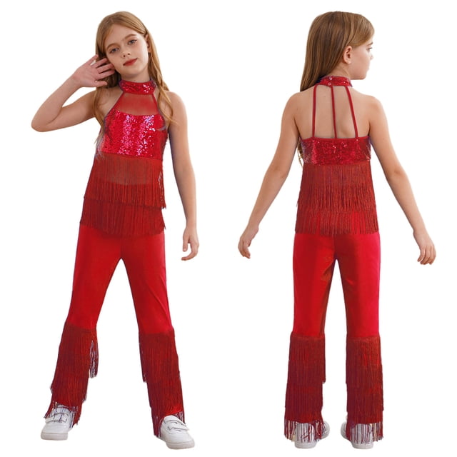 Yanarno Combinaison Longue à Sequins pour Filles, Pantalon Grand à Franges, Combinaison de Concours, Danse, Bal, Rouge 12