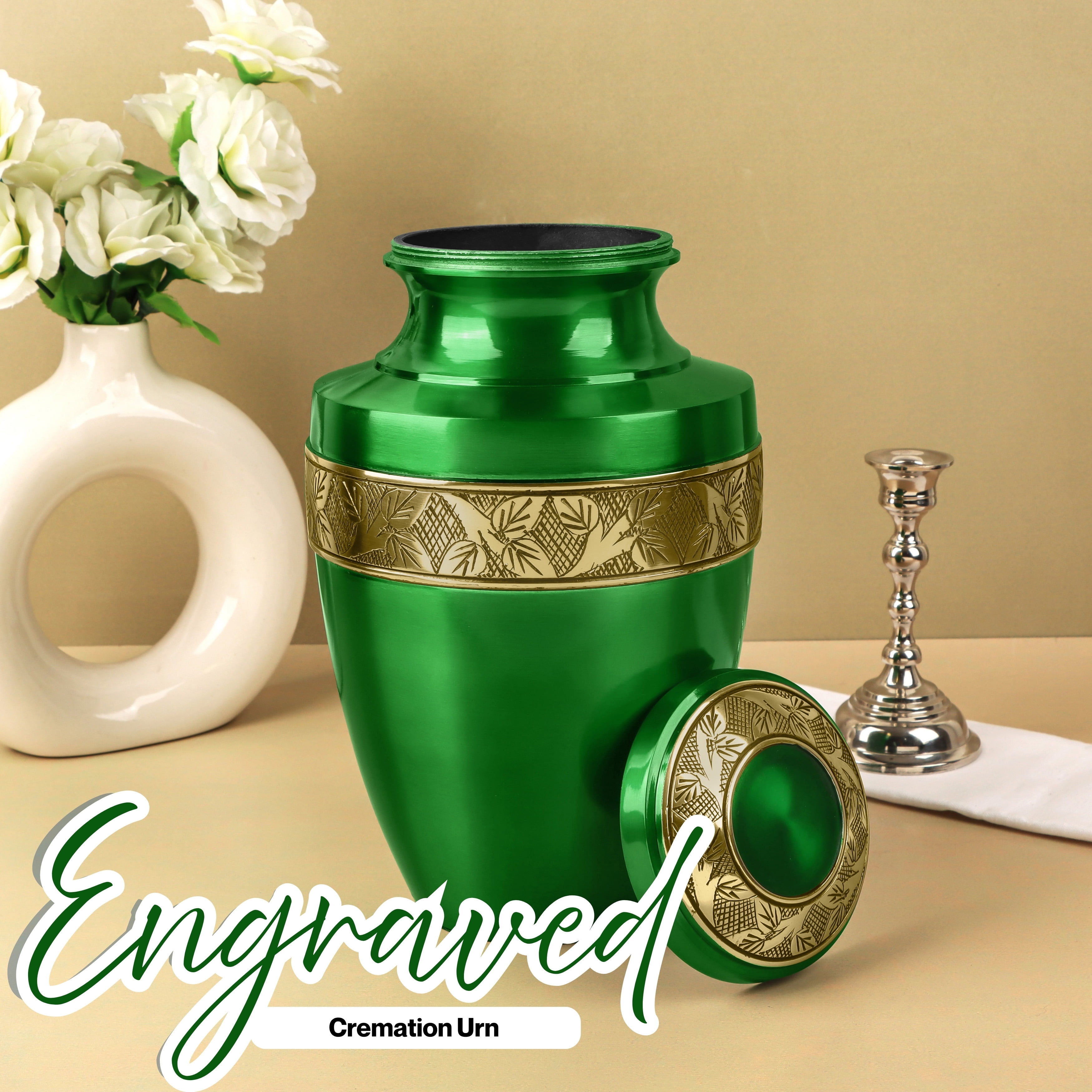 Handcrafted Aluminum Urn - Decorative Memorial Holder for Ashes and Remembrance (Grass Green & Royal Gold)