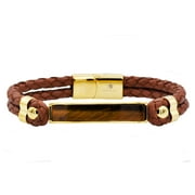 Arista Men's Genuine Tiger Eye and Brown Leather Bracelet in Gold Plated Stainless Steel, 8"