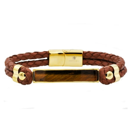Arista Men's Genuine Tiger Eye and Brown Leather Bracelet in Gold Plated Stainless Steel, 8"