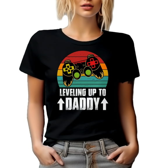 Retro Leveling Up to Daddy - Baby Shower, Pregnancy Announcement, Video Gamer Dad, Black T-Shirt, Small