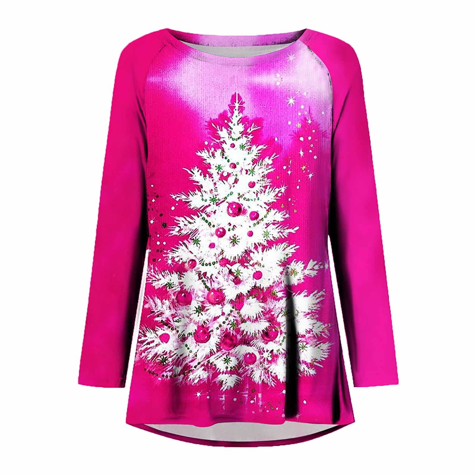 Elainilye Fashion T Shirt Women Christmas Print Loose Top Crew Neck Long  Sleeve Top Blouse Pullover Top Shirts,Pink 