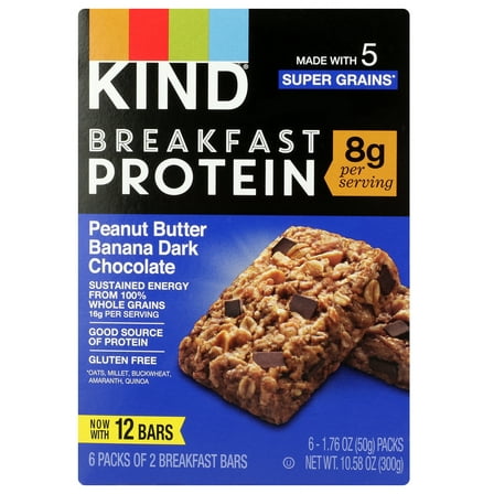 Pack of 5, Kind Peanut Butter Banana Dark Chocolate Breakfast Protein Bars, 10.58 oz