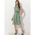 thumbnail image 2 of Vestido a cuadros retro con cinturón y manga casquillo frontal con botones para mujer Verde M, 2 of 5