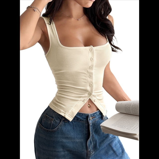 Camisetas Sin Mangas con Cuello Cuadrado y Botones Acanalados para Mujer, Lindas Camisetas de Verano Sin Mangas Albaricoque L